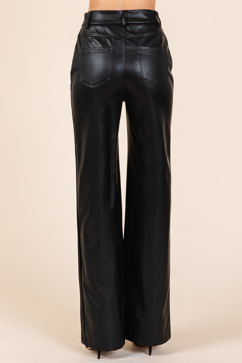 Faux Leather Bonded Fleece Wide Leg Pants