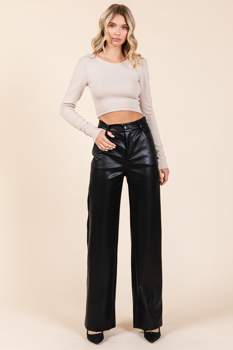 Faux Leather Bonded Fleece Wide Leg Pants