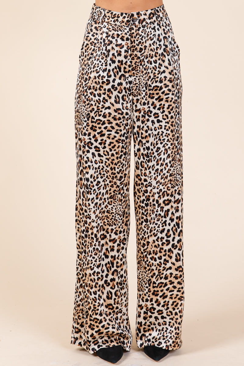 Leopard Print High Waist Satin Wide Leg Pants