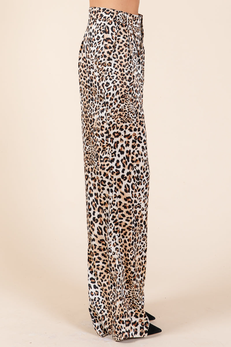 Leopard Print High Waist Satin Wide Leg Pants