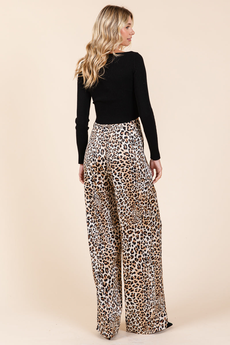 Leopard Print High Waist Satin Wide Leg Pants