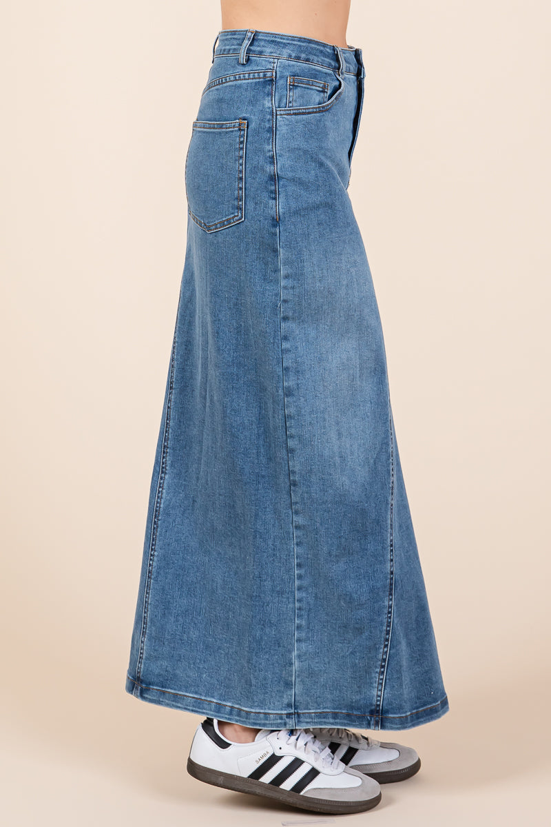 A line Paneled Denim Long Maxi Skirt