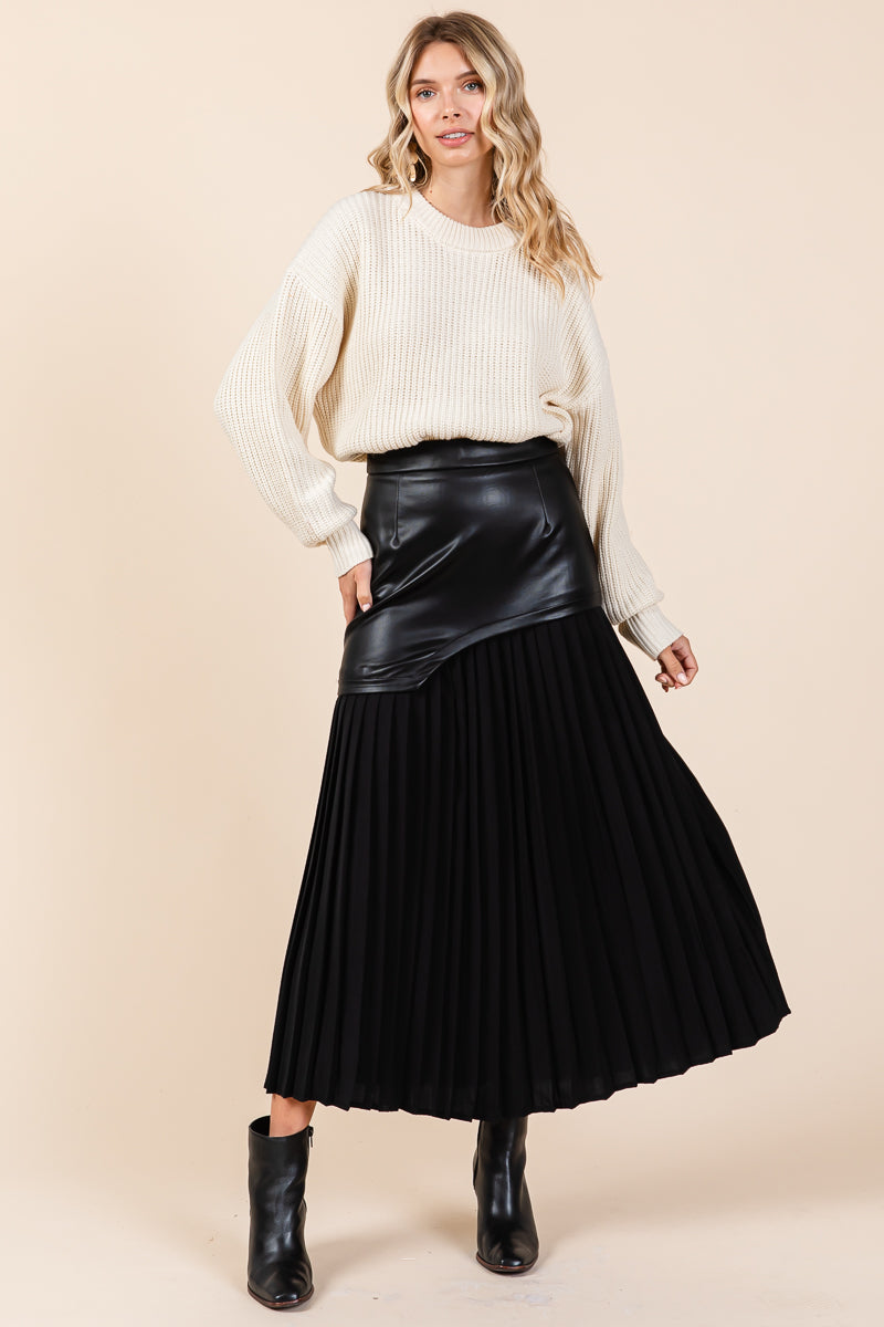 High Waist Pleated Hem Faux Leather Midi Skirt