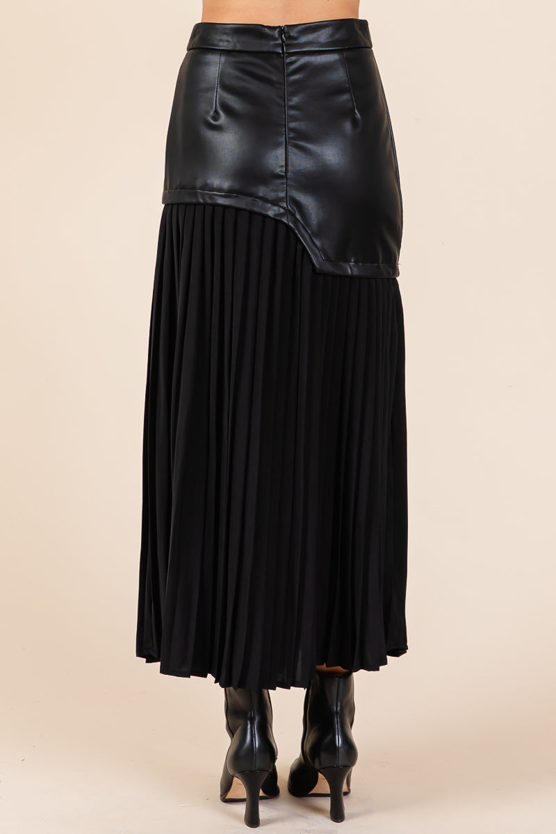 High Waist Pleated Hem Faux Leather Midi Skirt