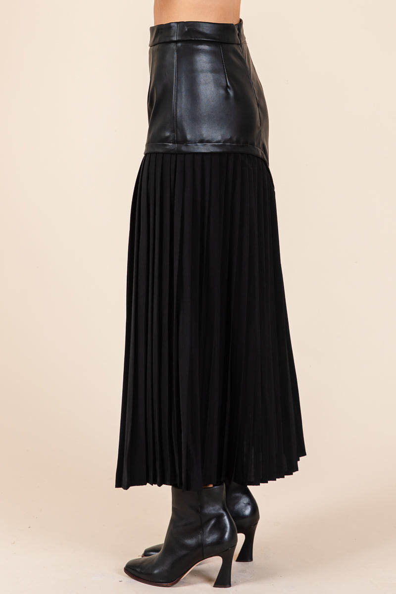 High Waist Pleated Hem Faux Leather Midi Skirt