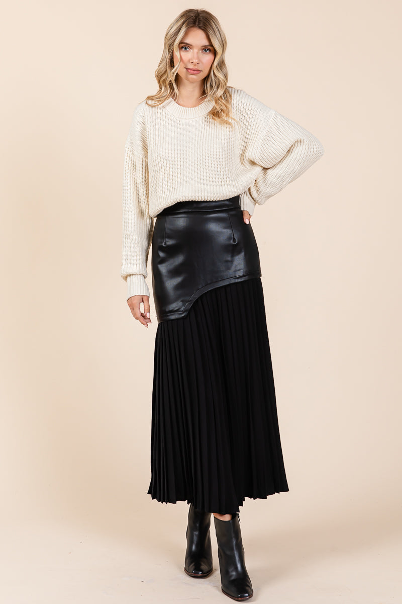 High Waist Pleated Hem Faux Leather Midi Skirt