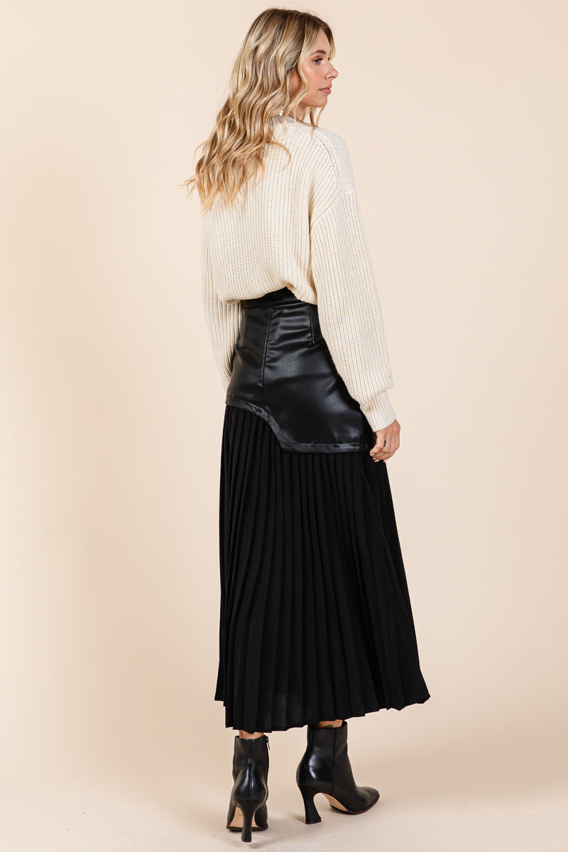 High Waist Pleated Hem Faux Leather Midi Skirt