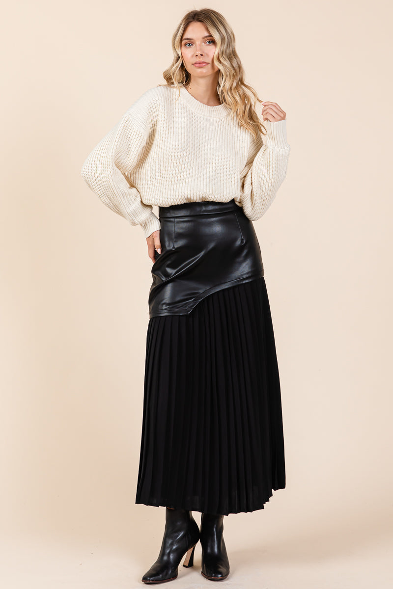 High Waist Pleated Hem Faux Leather Midi Skirt