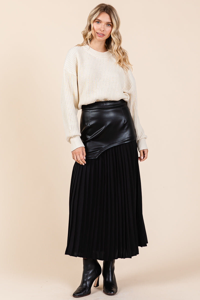 High Waist Pleated Hem Faux Leather Midi Skirt