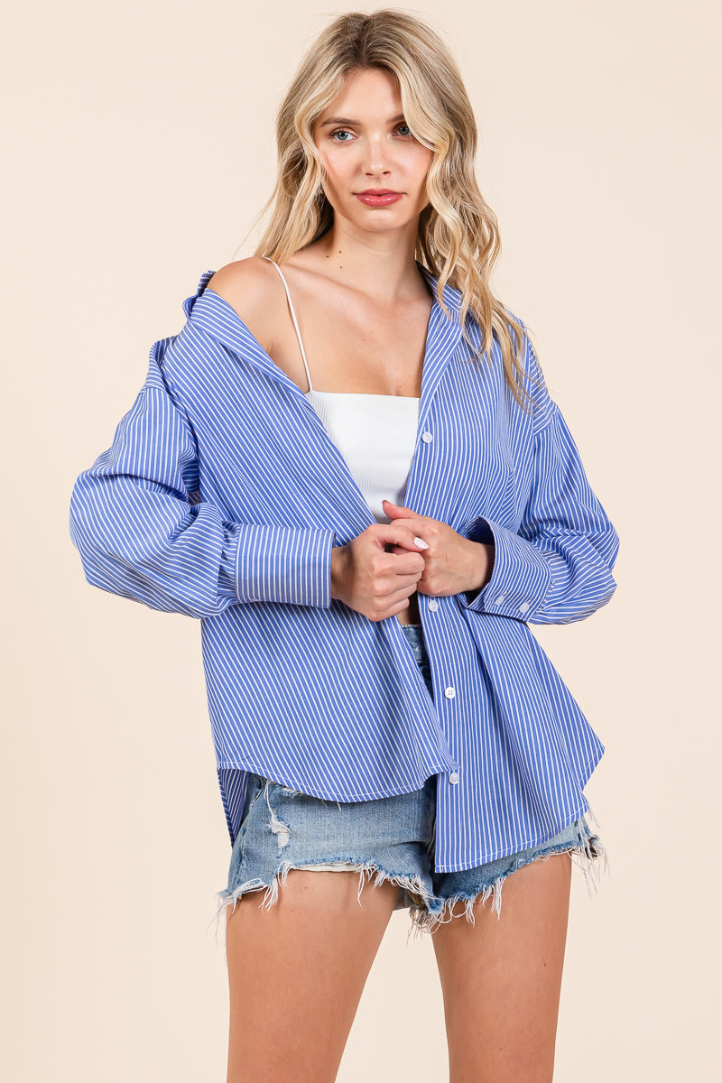 Striped Button Up Collared Cotton Shirt Blouse