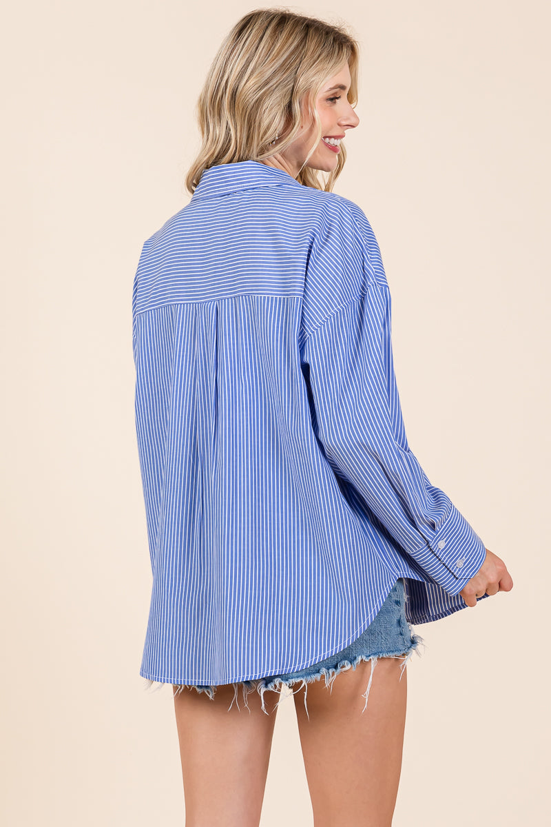 Striped Button Up Collared Cotton Shirt Blouse