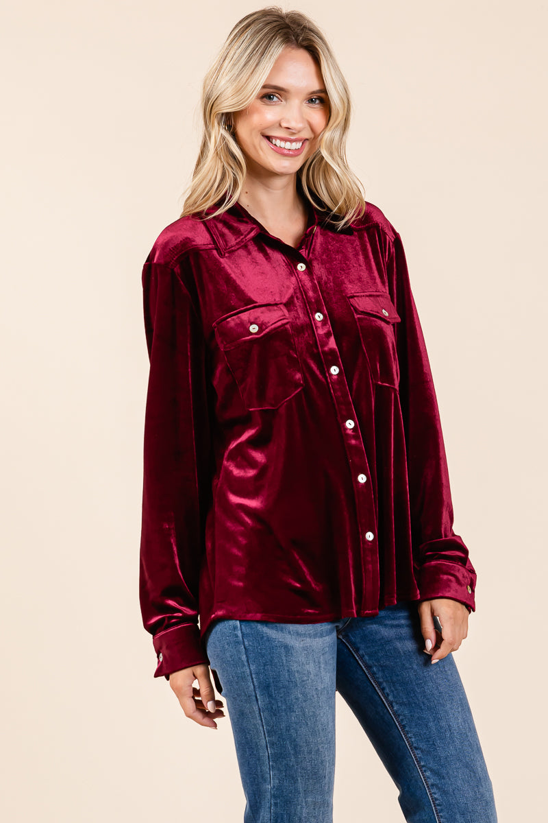 Collared Long Sleeve Velvet Button Down Blouse Top