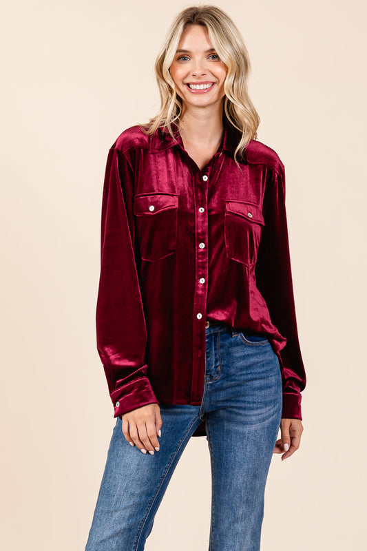 Collared Long Sleeve Velvet Button Down Blouse Top