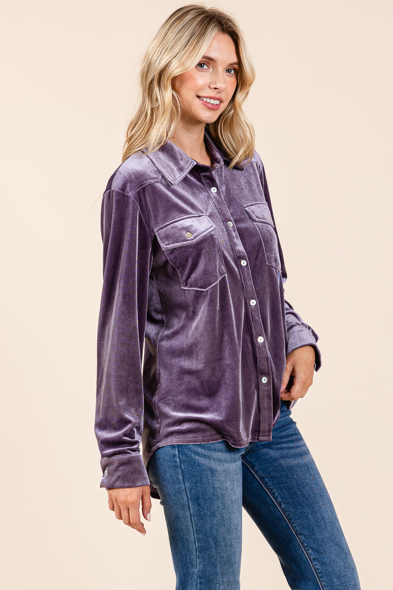 Collared Long Sleeve Velvet Button Down Blouse Top