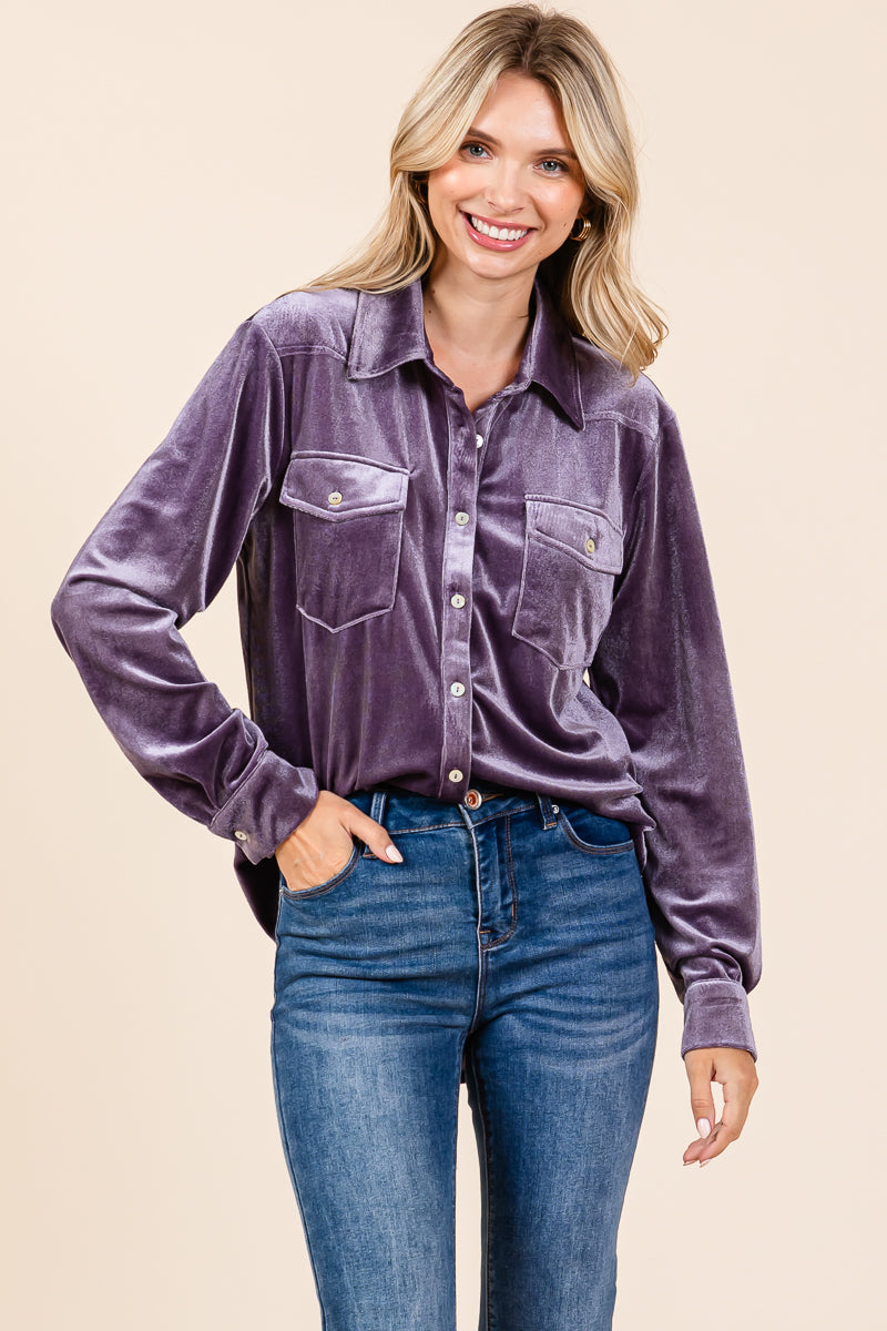 Collared Long Sleeve Velvet Button Down Blouse Top