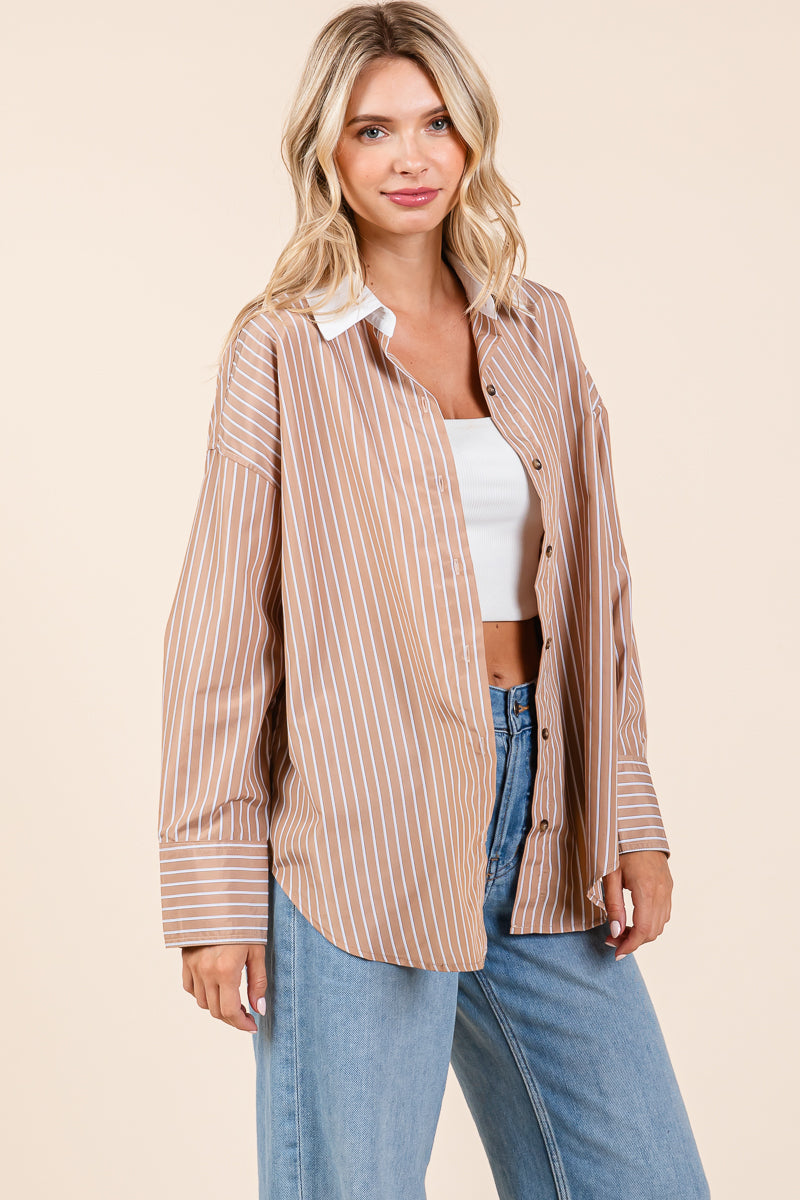 Oversized Button Down Collared Stripe Shirt Blouse