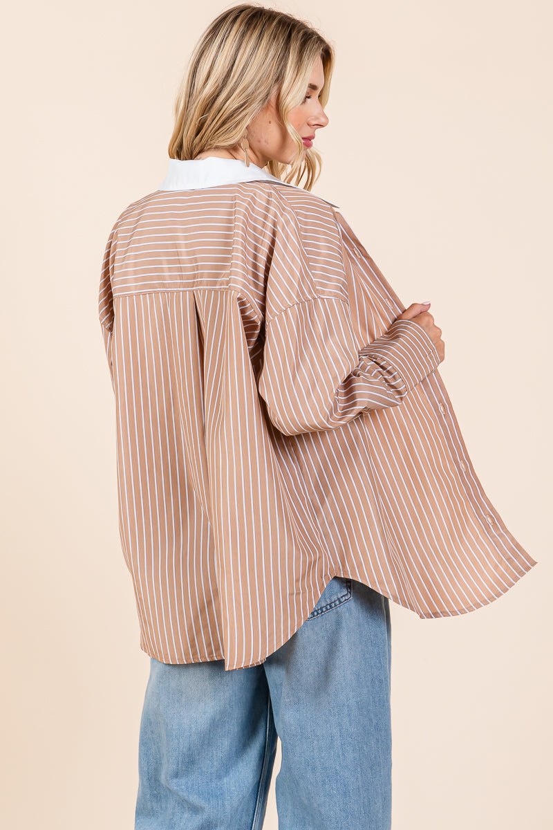 Oversized Button Down Collared Stripe Shirt Blouse