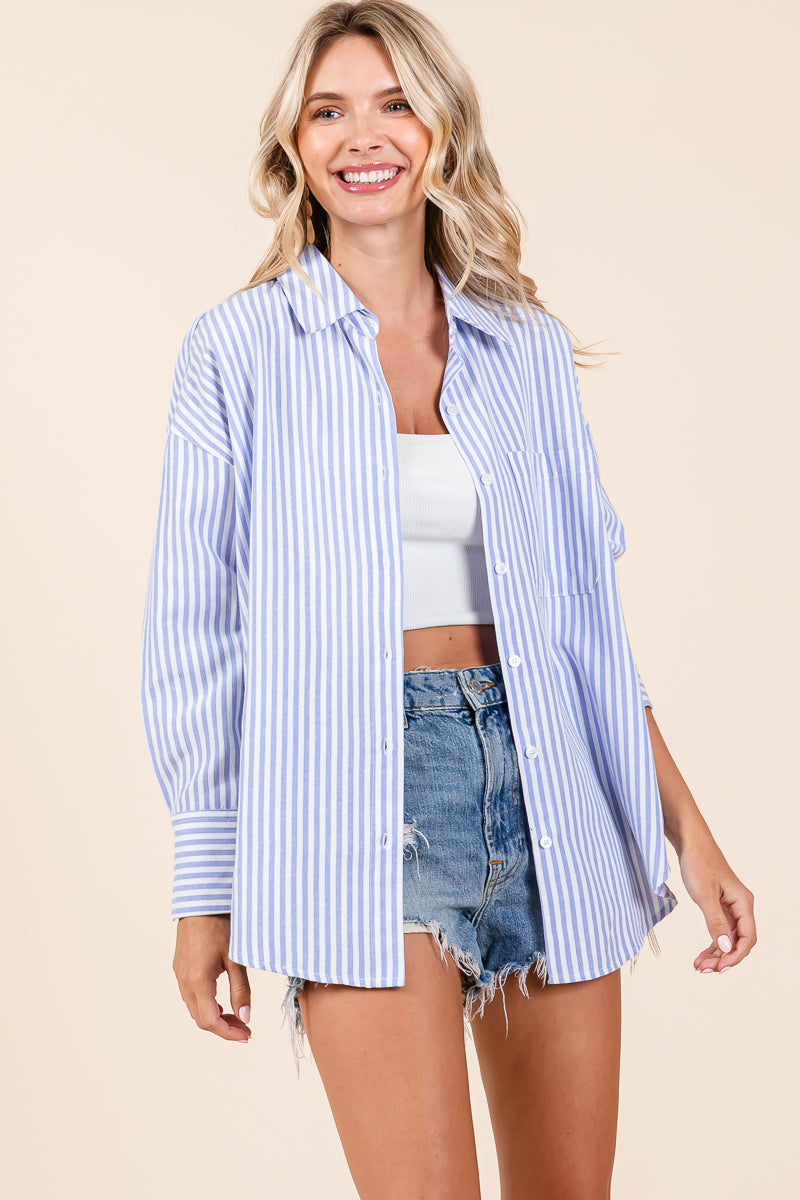 Oversized Long Sleeve Button Up Striped Shirts