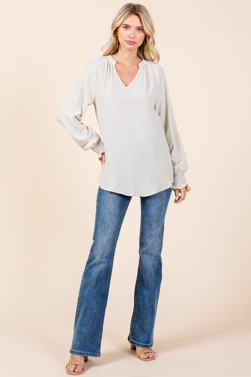 Smocked Long Sleeve Shirred Blouse Shirts