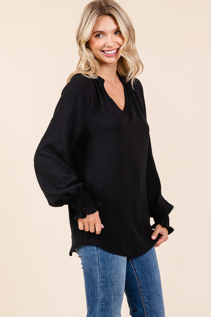 Smocked Long Sleeve Shirred Blouse Shirts