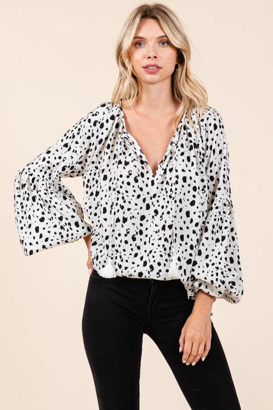 Oversized Dot Print Puff Long Sleeve Blouse Tops