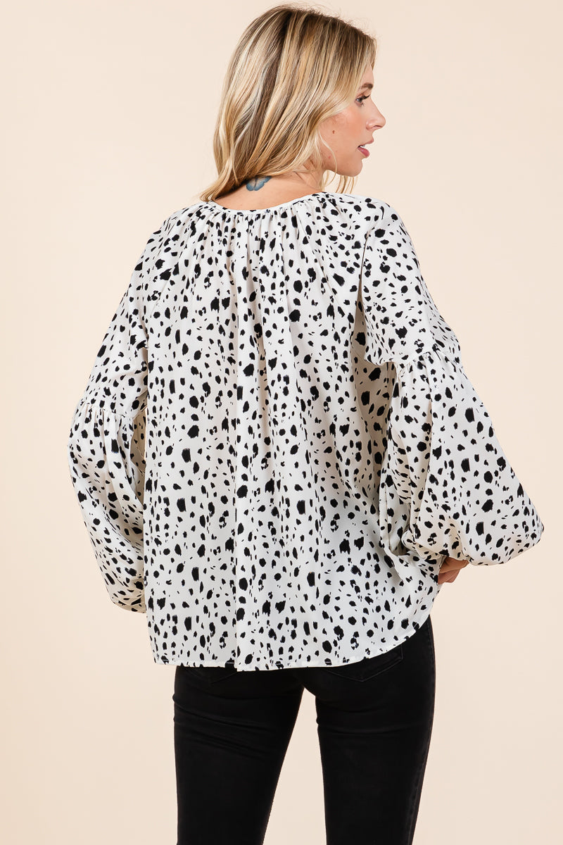 Oversized Dot Print Puff Long Sleeve Blouse Tops