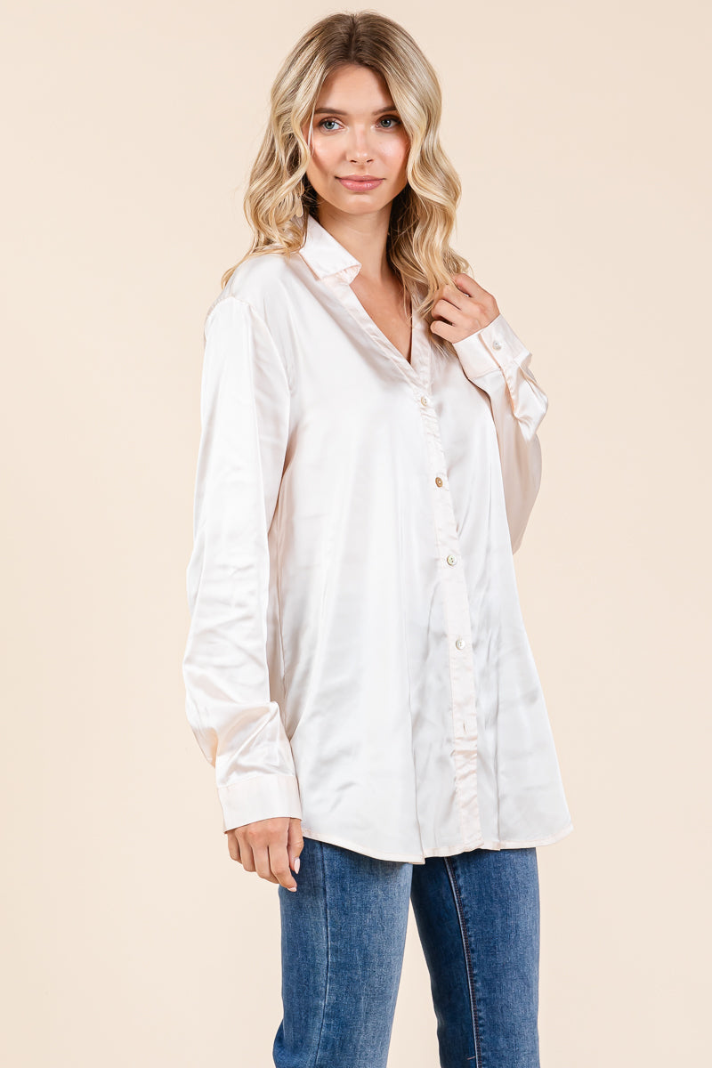 Collared Long Sleeve Button Up Satin Blouse Shirt