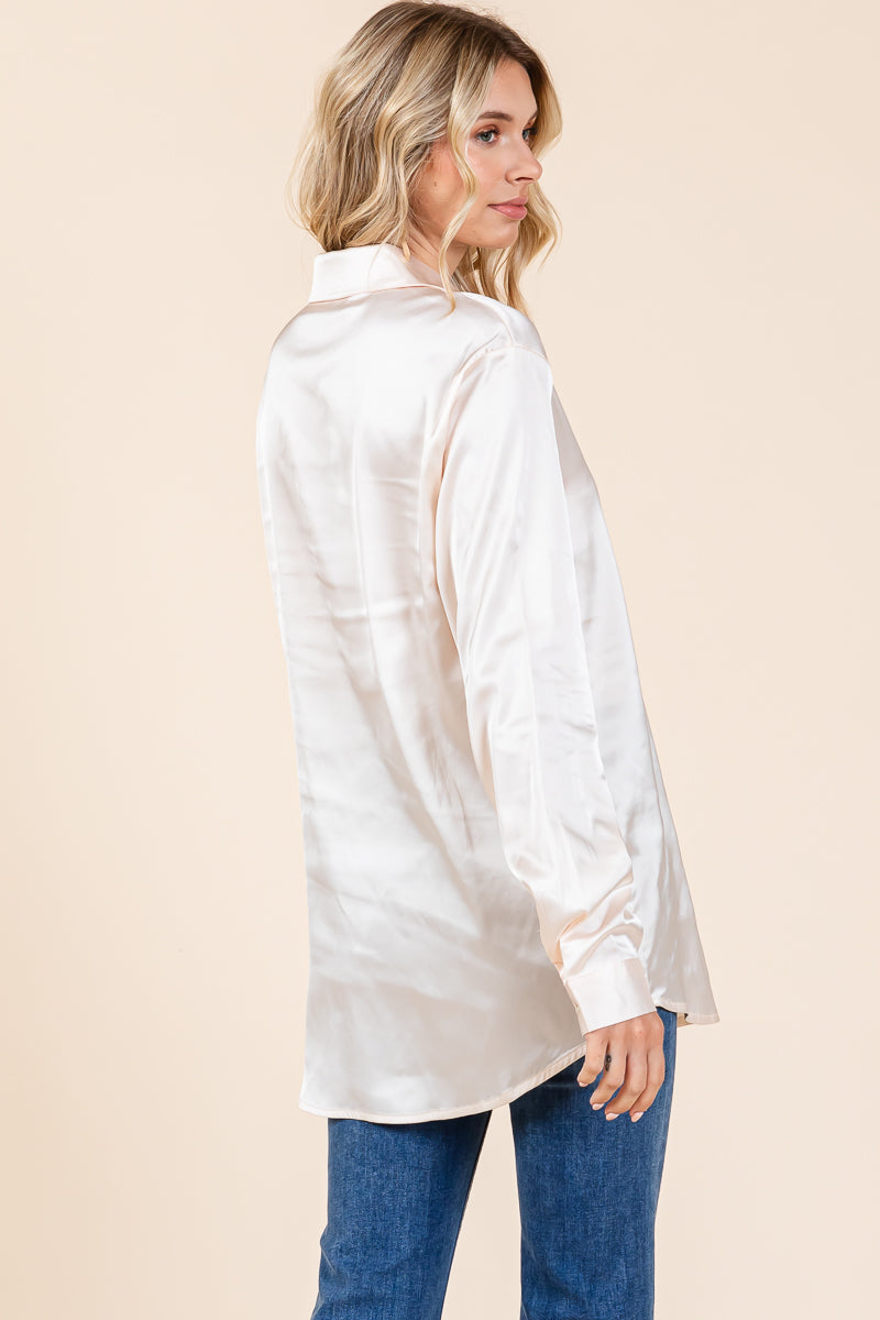 Collared Long Sleeve Button Up Satin Blouse Shirt