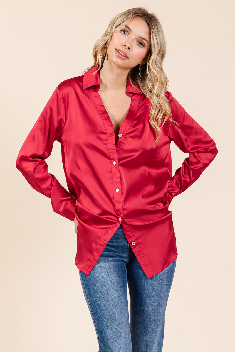 Collared Long Sleeve Button Up Satin Blouse Shirt