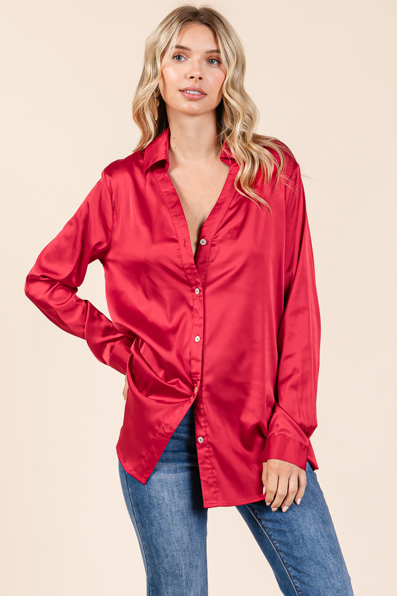 Collared Long Sleeve Button Up Satin Blouse Shirt