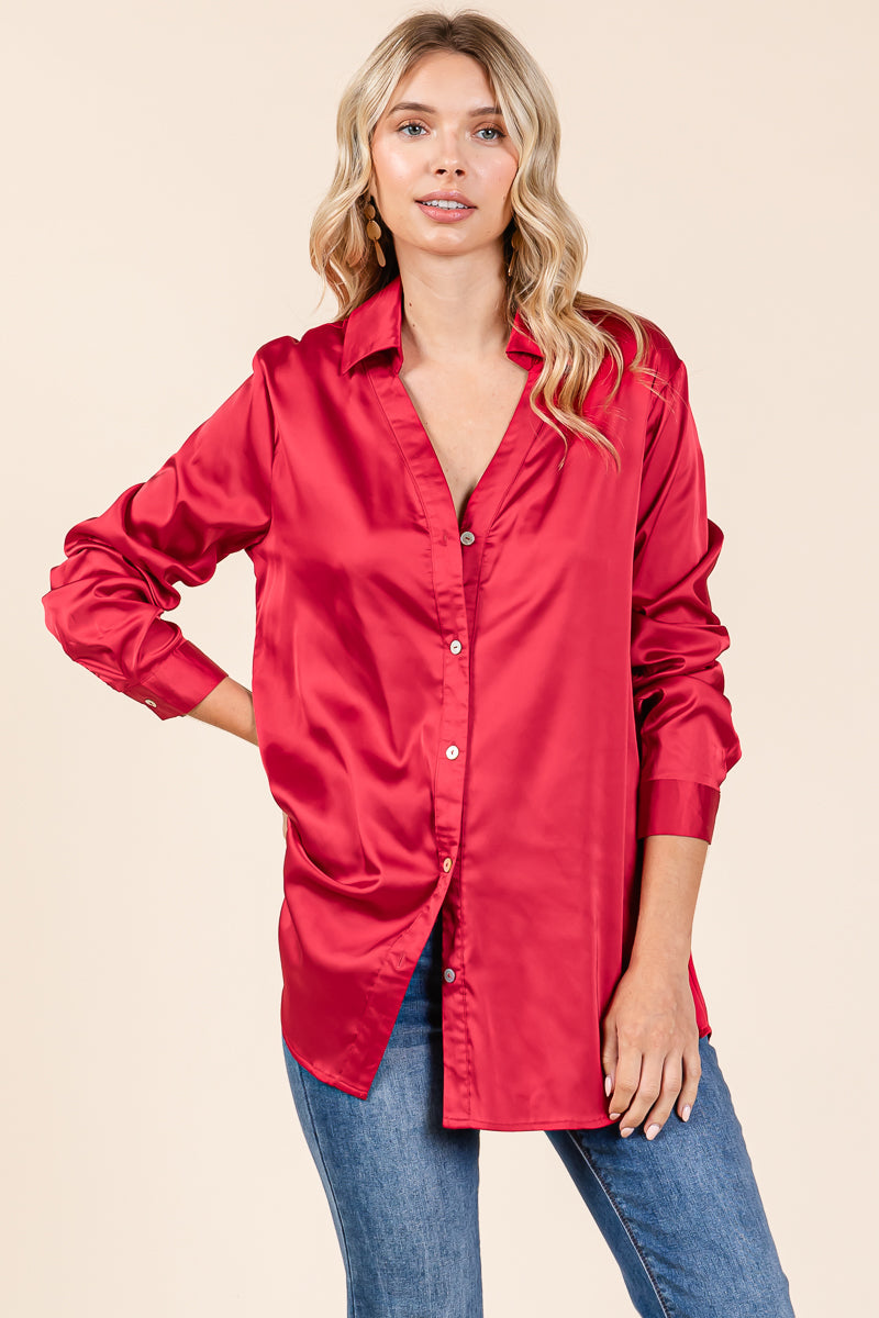 Collared Long Sleeve Button Up Satin Blouse Shirt