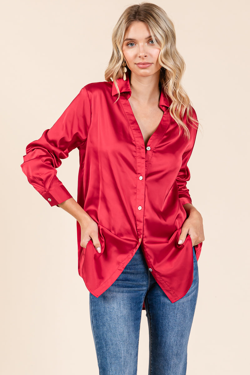 Collared Long Sleeve Button Up Satin Blouse Shirt