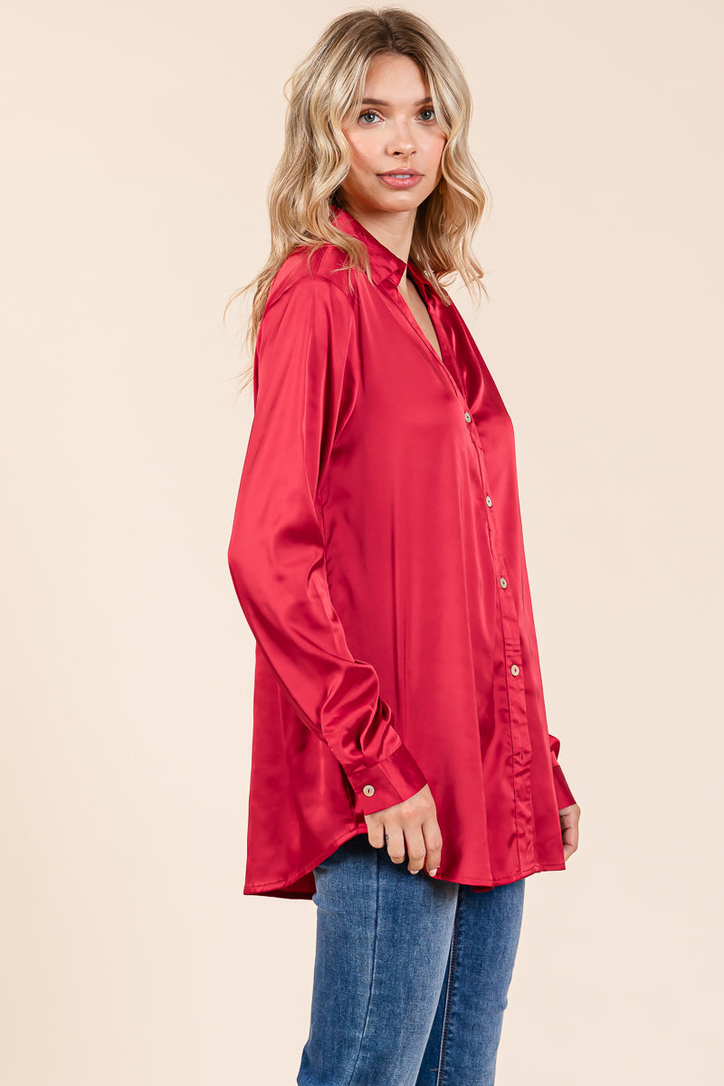 Collared Long Sleeve Button Up Satin Blouse Shirt