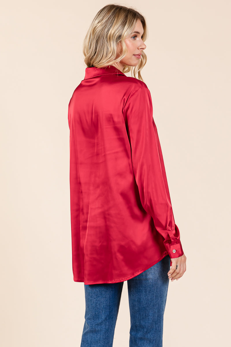 Collared Long Sleeve Button Up Satin Blouse Shirt