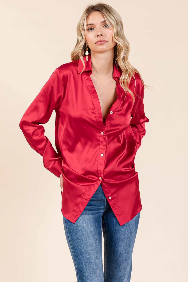 Collared Long Sleeve Button Up Satin Blouse Shirt