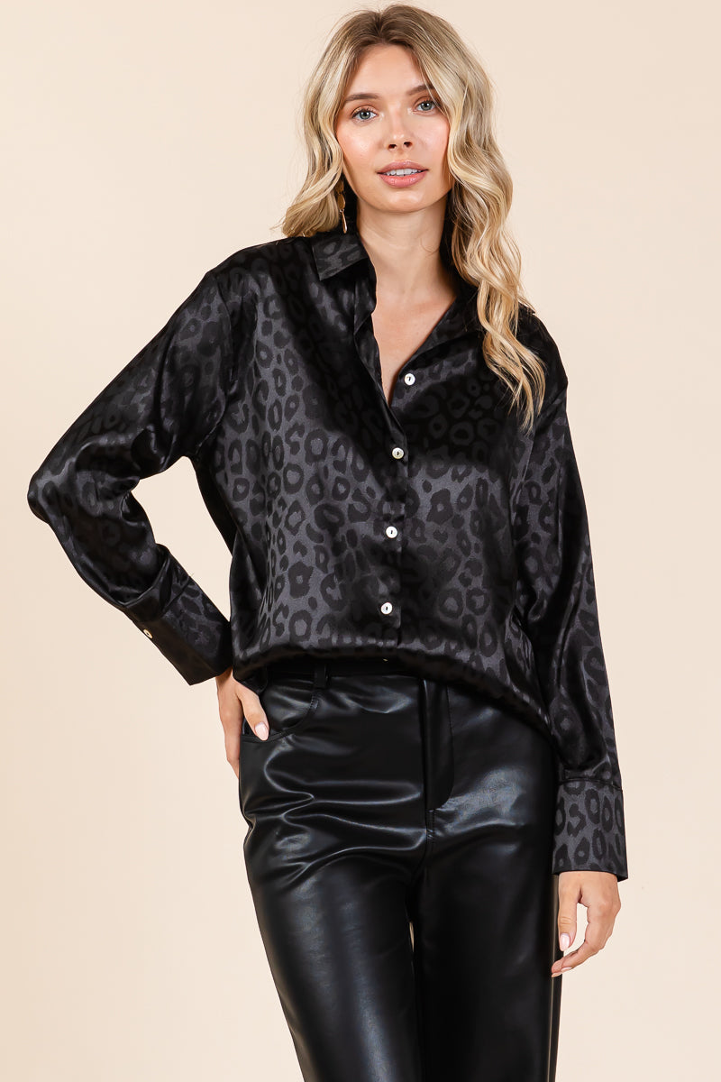 Collared Leopard Print Satin Button Down Blouse