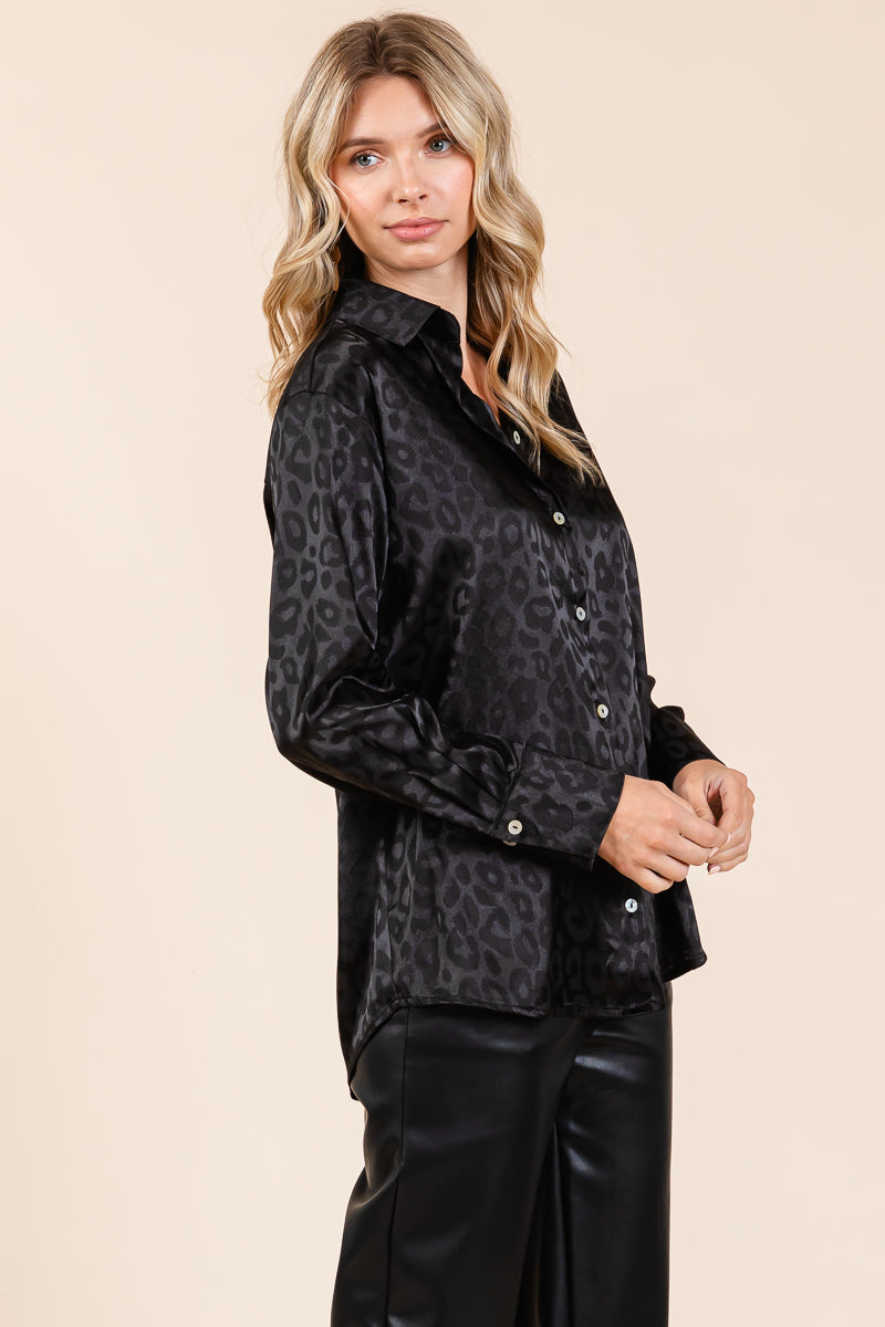 Collared Leopard Print Satin Button Down Blouse