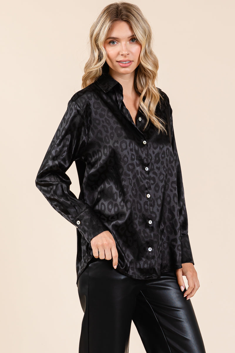 Collared Leopard Print Satin Button Down Blouse