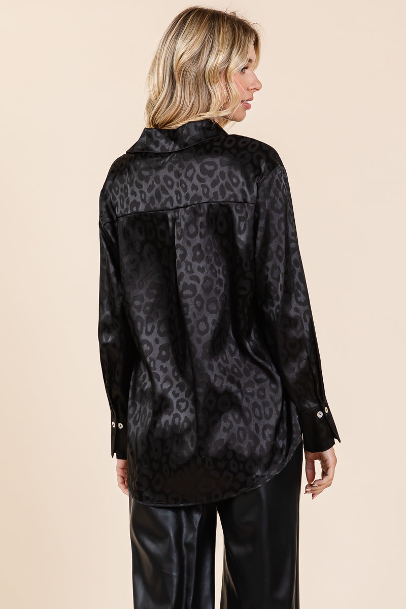 Collared Leopard Print Satin Button Down Blouse