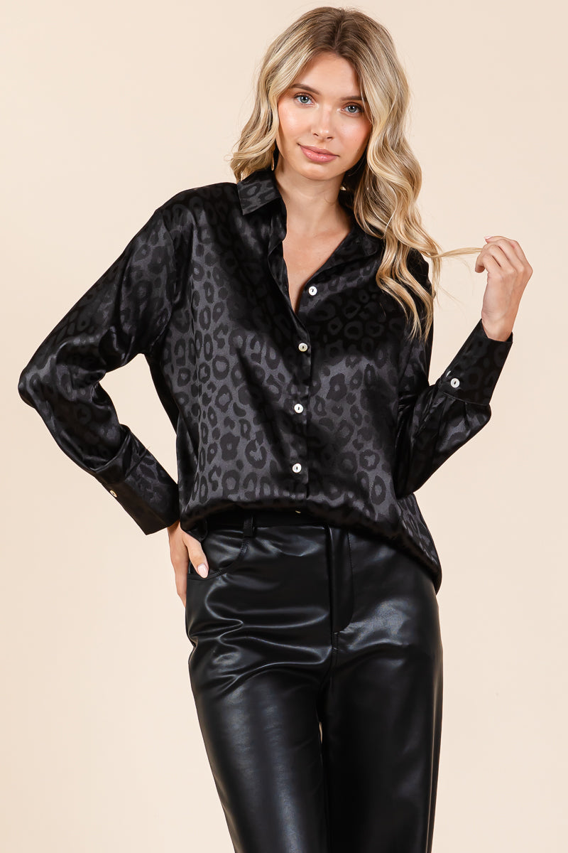 Collared Leopard Print Satin Button Down Blouse