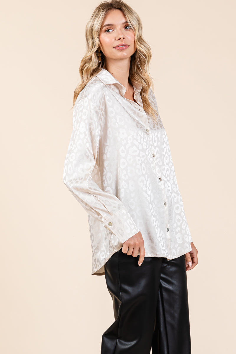 Collared Leopard Print Satin Button Down Blouse