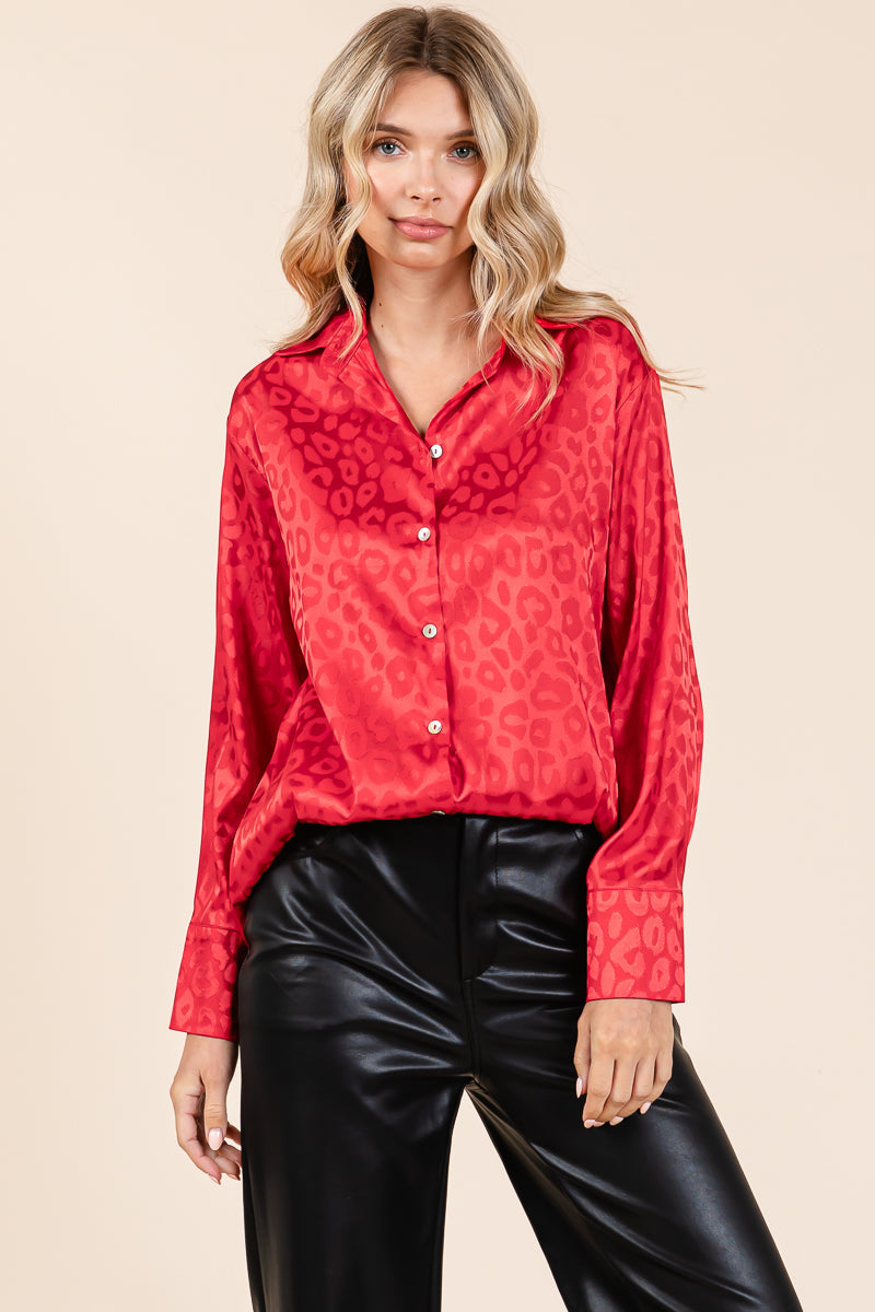 Collared Leopard Print Satin Button Down Blouse