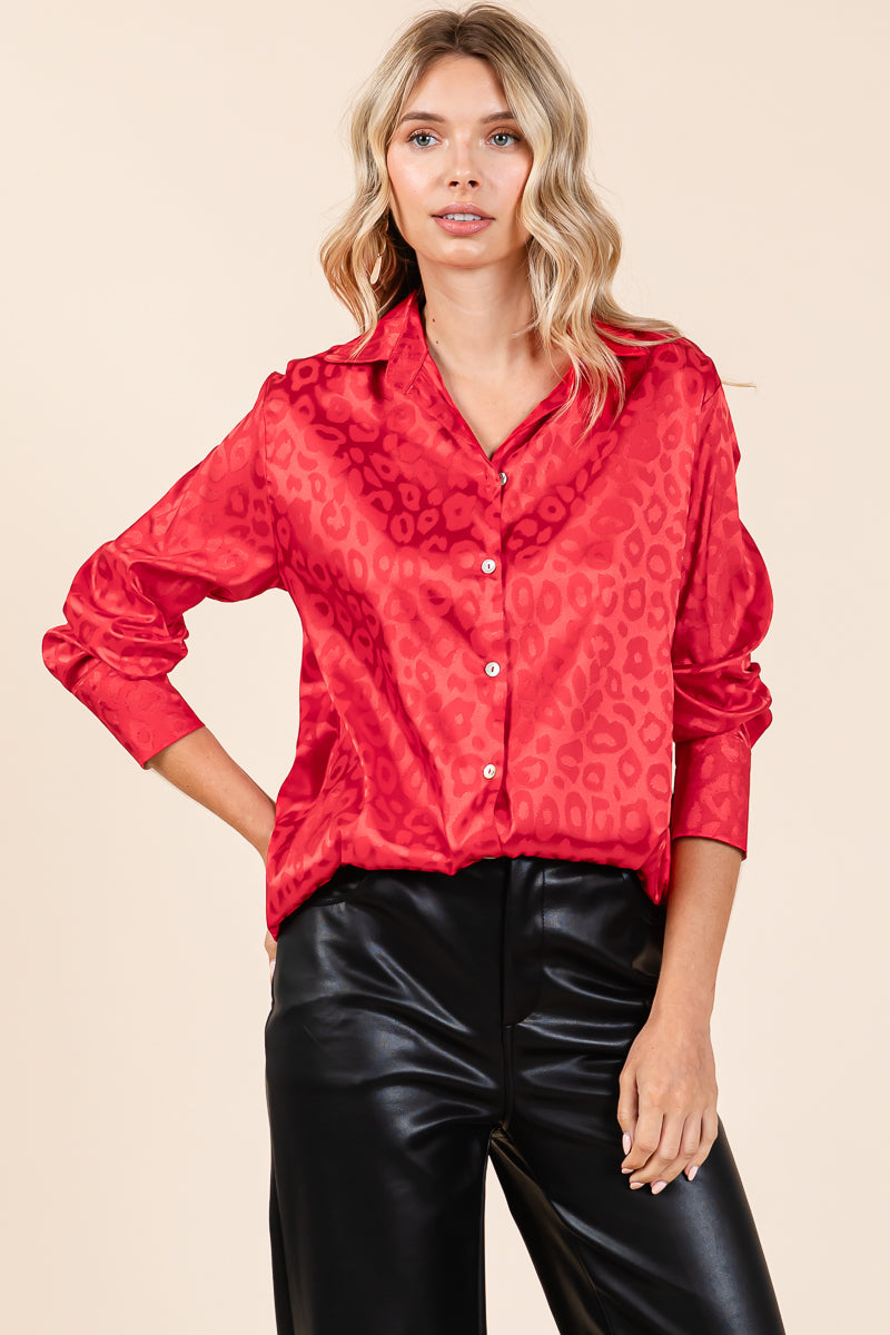 Collared Leopard Print Satin Button Down Blouse