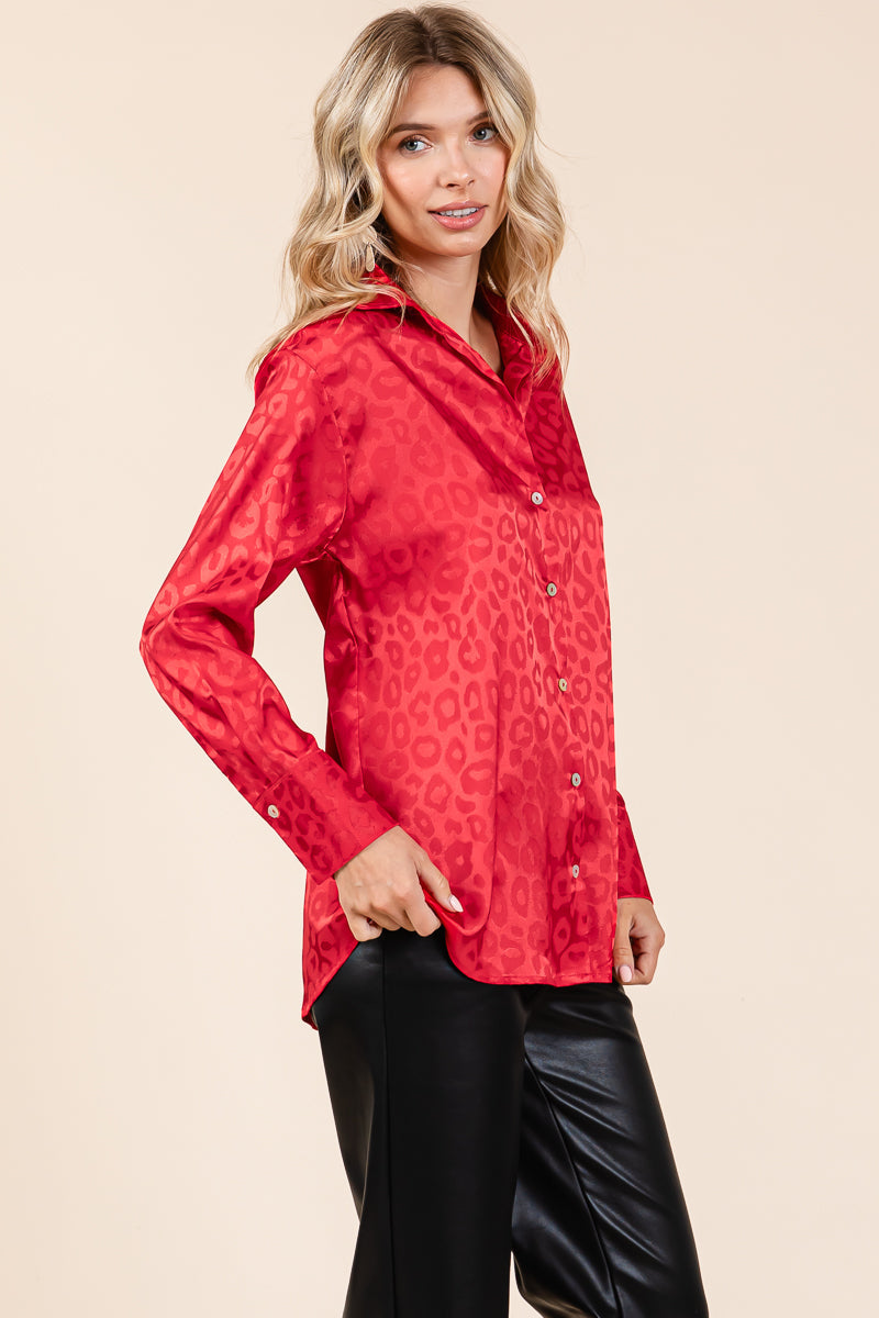 Collared Leopard Print Satin Button Down Blouse