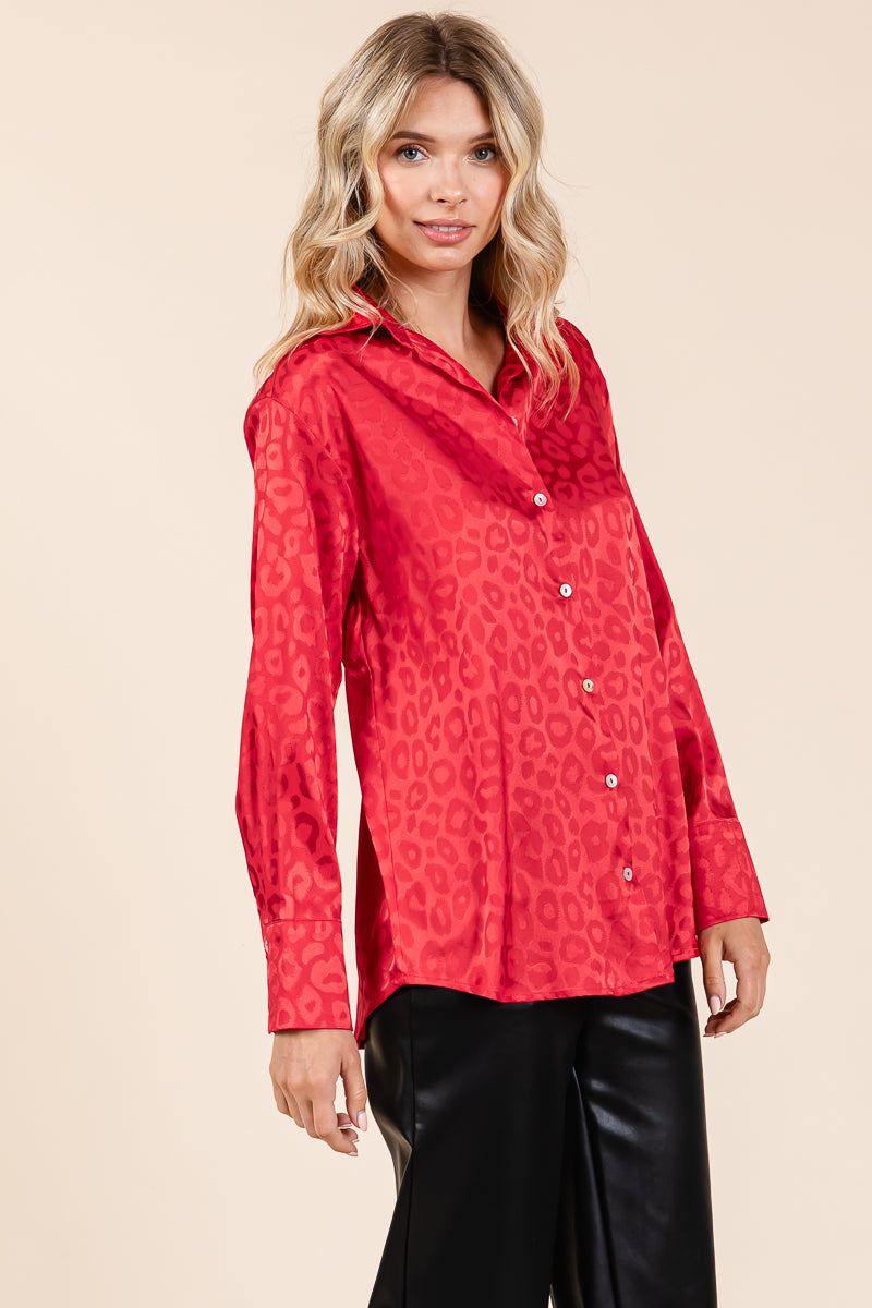 Collared Leopard Print Satin Button Down Blouse