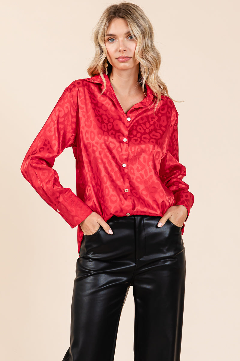 Collared Leopard Print Satin Button Down Blouse