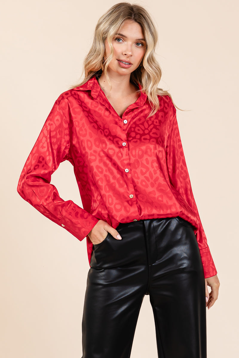 Collared Leopard Print Satin Button Down Blouse