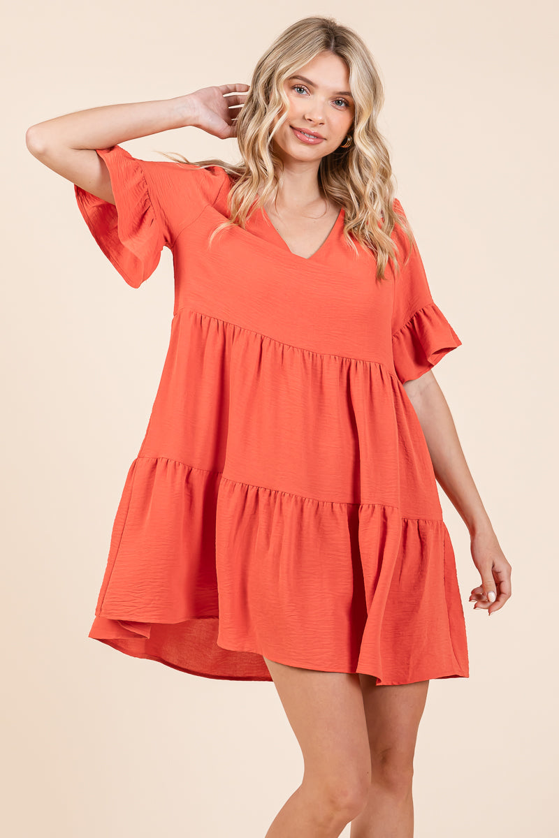 Pleated Flutter Ruffle Sleeve layered Tiered Dress