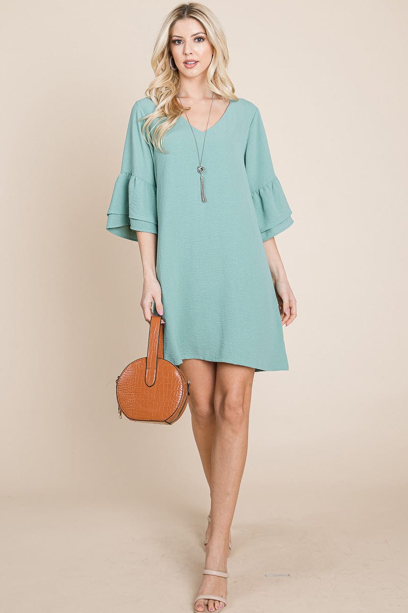 V neck Flounce Ruffle Sleeve Tunic Shift Dress