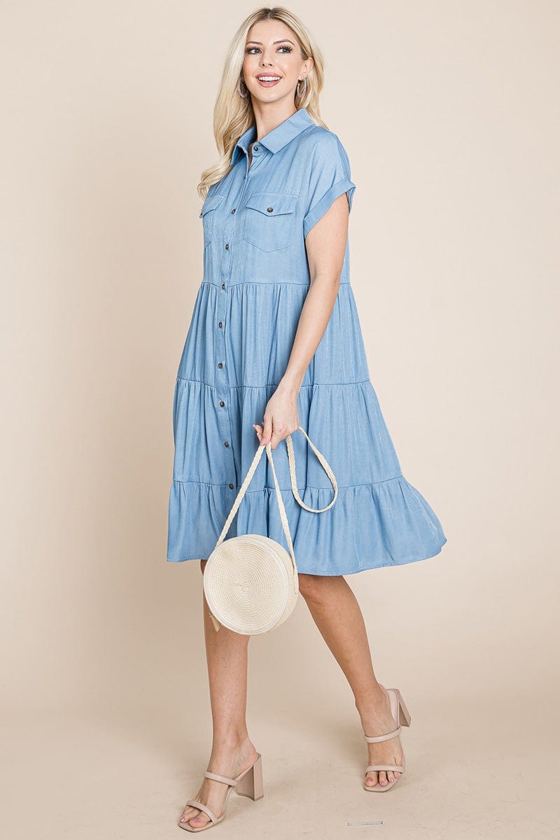 Button Down Collared Tiered Chambray Shirt Dress, S-3X